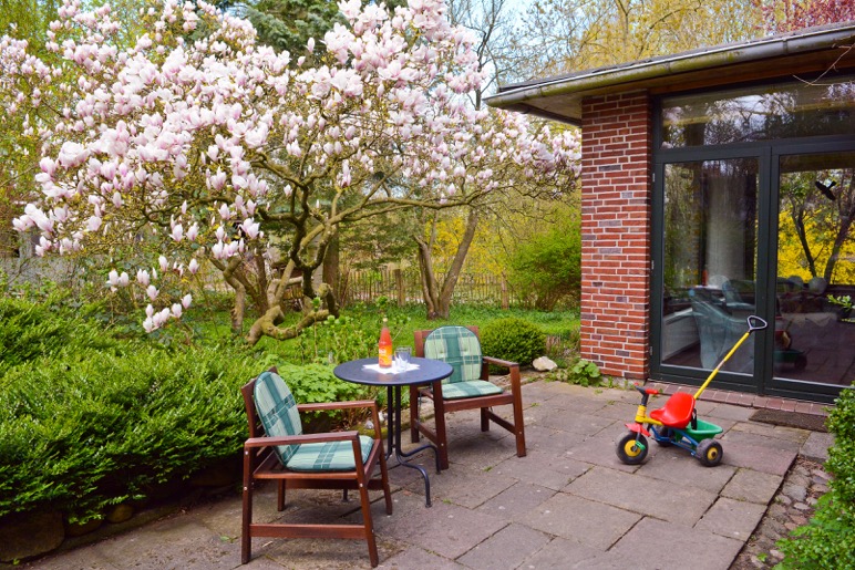 Hinter dem Haus befindet sich ein herrlicher Garten mit einer gro&szlig;en Magnolie